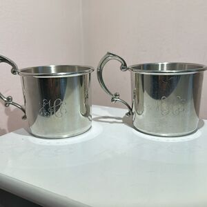 Pewter Small Cups Handles Monogrammed Set of Two